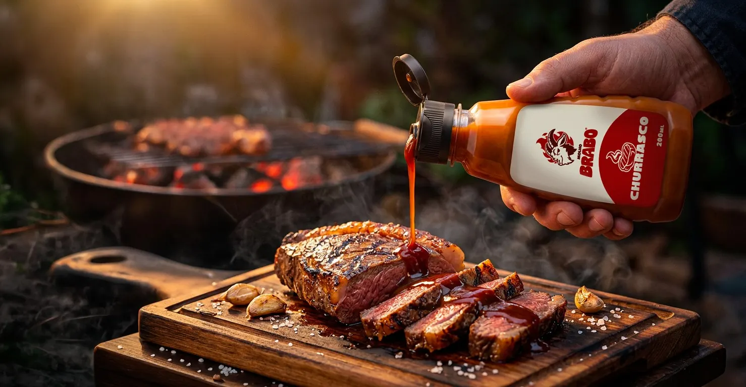Mão servindo Molho Brabo Churrasco sobre picanha grelhada na tábua, com brasa ao fundo