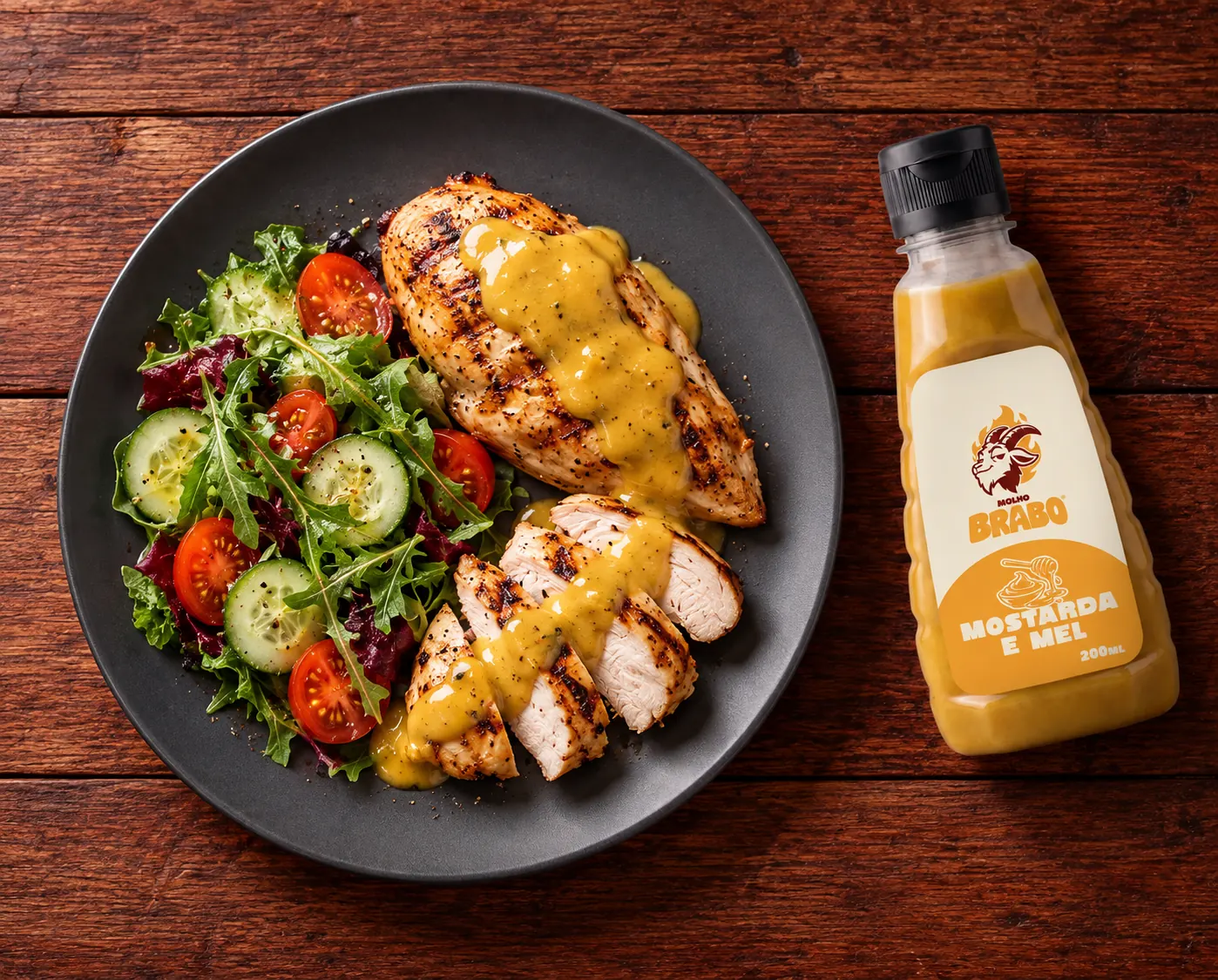 Frango grelhado e salada com molho Mostarda e Mel, em prato escuro sobre mesa de madeira